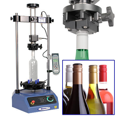 The Vortex motorised closure torque tester enables tamper evident ROPP wine bottle caps to be tested